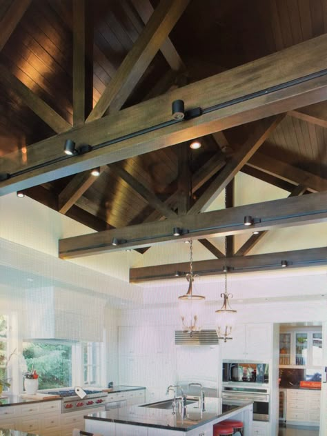 Hacienda Kitchen Decor, Barn Beam Lighting, Hacienda Kitchen, Exposed Wood Ceilings, Vaulted Ceiling Lighting, Exposed Trusses, Exposed Beams Ceiling, Wooden Beams Ceiling, Attic Lighting