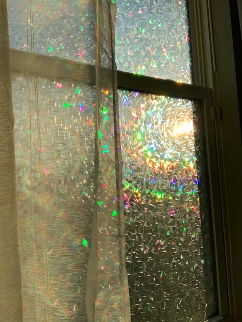 Rainbow Glass Window, Iridescent Room Decor, Iridescent Bedroom, Sparks Aesthetic, Funky Curtains, Desired House, Tiktok Images, Bedroom Rainbow, Funky Bathroom