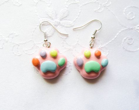 Kawaii Paw Print Earrings, PawPrint Earrings, Kawaii Earrings, Cute Earrings, Polymer Clay, Charm Earrings, Rainbow, Cat Paws Clay Kawaii, Paw Print Earrings, Earrings Kawaii, Polymer Clay Kawaii, Diy Earrings Polymer Clay, Kawaii Earrings, Paw Print Charm, Earrings Polymer, Sculpture Ideas