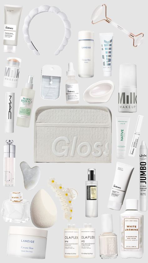 #White #Preppy #Skincare #Makeup #WhiteSkincare #WhiteMakeup #Color #Viral Skincare Products Aesthetic, White Skin Care, White Skincare, Products Aesthetic, Preppy Skincare, White Makeup, White Jasmine, White Skin, Milk Makeup