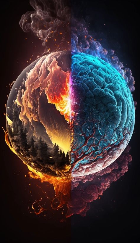 A abstract image which a planet with fire & ice together Fire Ice Aesthetic, World On Fire Art, Fire And Ice Drawing, Fire And Ice Aesthetic, Ice And Fire Aesthetic, Fire And Ice Wallpaper, Interesting Wallpapers, Fire Vs Water, Earth On Fire