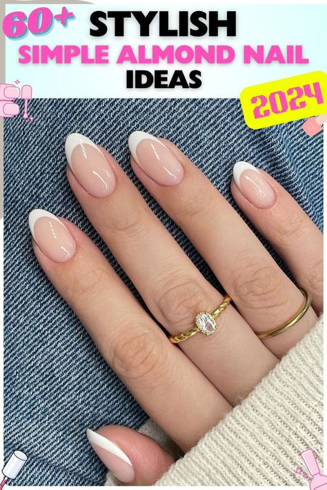 Simple almond nails with classic French tips, medium length, elegant design, suitable for weddings or formal events, glossy finish, acrylic material.