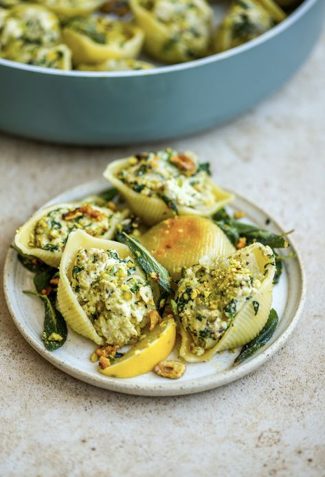 Sautéed with vegan butter, fresh sage, and garlic, this dish is elevated to a new level of taste and aroma. Crushed pistachios and a squeeze of lemon juice add a zingy finish to this delicious recipe. Vegan Pistachio, Vegan Ricotta, Pasta Shells, Fresh Sage, Ricotta Pasta, Vegan Pasta Recipes, Pasta Lover, Stuffed Pasta Shells, Vegan Pasta