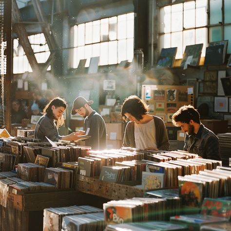 "Vintage Record Shopping: Young people explore bins of vinyl records in a cozy #recordstore filled with nostalgia and #vinylcommunity. #retrovibes #musicislife #aiart #aiphoto #stockcake ⬇️ Download and 📝 Prompt 👉 https://stockcake.com/i/vintage-record-shopping_834672_777438". Vintage Record Store, Record Store Day, Record Store Shoot, Retro Record Store Photoshoot, Record Store Photos, Old Record Store Aesthetic, Stock Photos People, Vinyl Records Music, Social Media Landscape