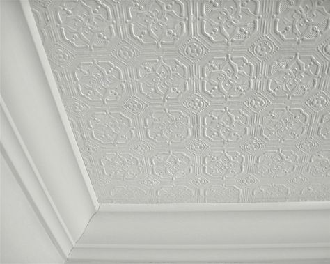 Anaglypta wallpaer ceiling - solution for problem ceilings Anaglypta Wallpaper, Ceiling Paper, Ceiling Wallpaper, Faux Tin, Paintable Wallpaper, Wallpaper Ceiling, Popcorn Ceiling, Ceiling Treatments, Colored Ceiling