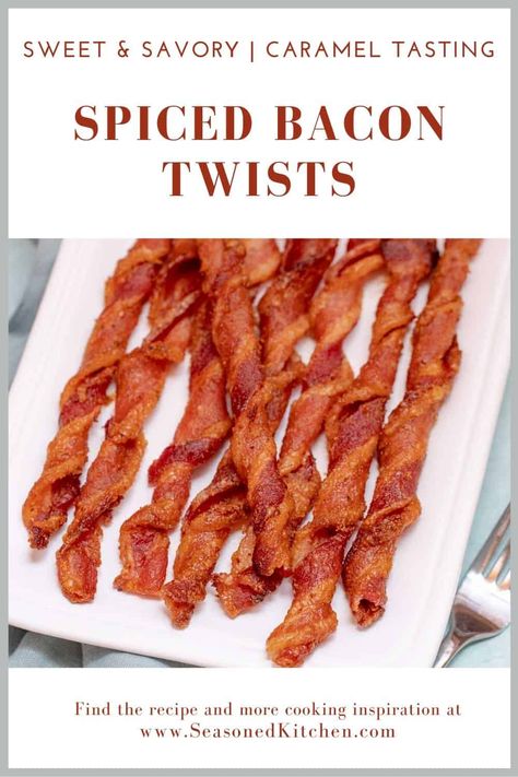 These addictively delicious Spiced Bacon Twists are chewy, crunchy and both sweet and savory. Salty, smoky bacon is dredged in a sweet and spicy brown sugar mixture and then baked until crispy. The resulting bacon has the most wonderful caramel taste, with a bit of zing. #baconrecipes #spicedbacon #breakfastandbrunchrecipes #seasonedkitchen Bacon Twist Recipe, Bacon Twists, Bacon Treats, Brown Sugar Bacon, Bacon In The Oven, Baked Bacon, Bacon Recipes, Sweet And Savory, Cooking Inspiration