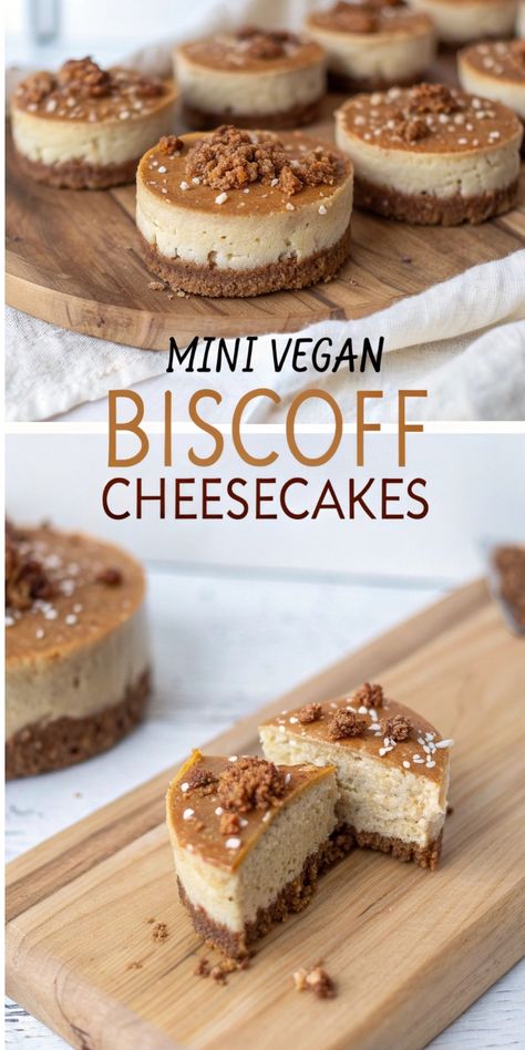 Indulge in these delicious Mini Vegan Biscoff Cheesecakes—perfect for any occasion! Made with simple ingredients, they’re an easy vegan dessert to whip up. Great for Recipes Low Calorie lovers or anyone looking for Vegan Baking Recipes. Try this for a unique Birthday Cake Design or explore Baking Hacks for dessert decoration! #VeganCheesecake #RawVeganDesserts #EasyVeganDessert Vegan Cheesecake Cupcakes, Vegan Dessert Bites, Easy Desserts Vegan, Vegan Baking Ideas, Vegan Biscoff Recipes, Vegan Deserts Easy, Baking For Beginners Recipes, Quick Vegan Dessert, Vegan Desserts Healthy