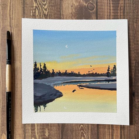 Gouache Painting Landscapes, Polaroid Painting, Gouache Landscape, Watercolor Art Landscape, Playing With Fire, Painting Gouache, Simple Canvas Paintings, Painted Tote, Gouache Art