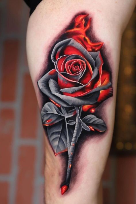 Cover Up Tattoos Red Ink, Burnt Rose Tattoo, Cover Up Red Tattoo, Rose Tattoos Color, Rose Tatoos Arms, Rose Fire Tattoo, Rose Tattoo With Color, Japanese Rose Tattoo, Cover Up Flower Tattoo