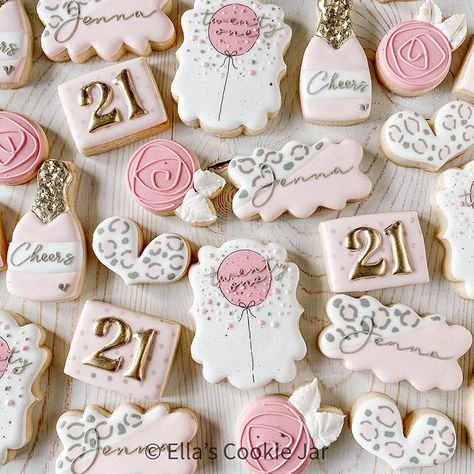 21st Birthday Themes, Royal Icing Decorated Cookies, Happy Birthday Cookie, 21st Bday Ideas, Cookies Theme, Cookies Ideas, Sugar Cookie Royal Icing, 21st Birthday Decorations, 21st Birthday Photoshoot