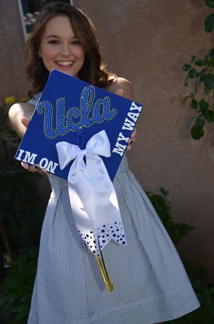 UCLA Decorated Graduation Cap // Practically Imperfect // www ... Ucla Grad Cap, Ucla Dorm, Rhinestone Graduation Cap, Grad Hats, California University, College Graduation Cap Decoration, Grad Hat, Diy Graduation Cap, Grad Caps