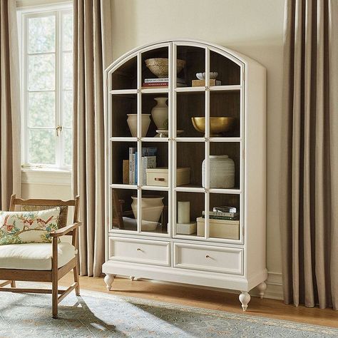 Bloom Arched Glass Door Cabinet with 2 Drawers | Ballard Designs, Inc. Arched Cabinet, Beautiful Kitchenware, Glass Door Cabinet, Closet Storage Systems, Outdoor Umbrella Stand, Bookshelf Cabinet, Chaise Lounge Sofa, Daybed With Storage, Media Furniture