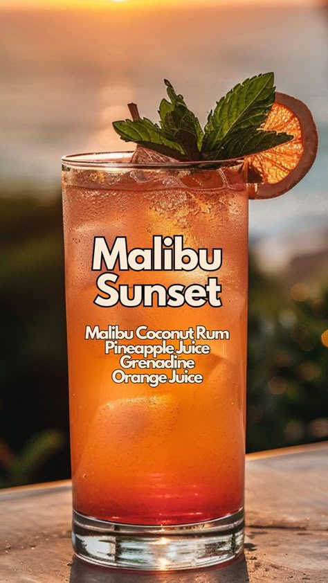 The Malibu Sunset is made with a combination of coconut rum and fresh pineapple juice. #malibusunsetcocktail Malibu Sunset Cocktail, Fresh Pineapple Juice, Rum Drinks Recipes, Bartender Drinks Recipes, Sunset Cocktail, Malibu Sunset, Fun Drinks Alcohol, Bartender Drinks, Cocktail Drinks Alcoholic