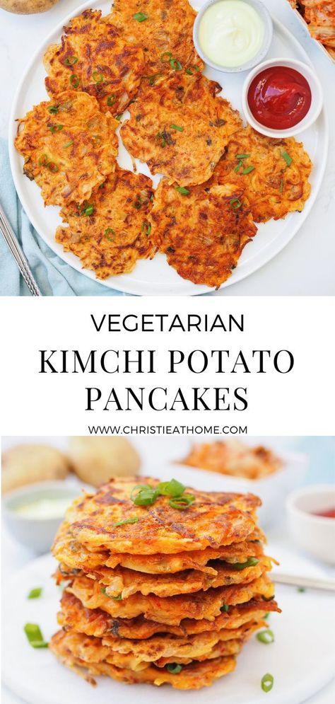 Kimchi Snack Ideas, Kimchi Potatoes, Korean Recipes Vegetarian, Kimchi Recipe Ideas, Pancakes Savoury, International Appetizers, Korean Potato Pancake, Sweet Potato Pancakes Vegan, Korean Appetizers