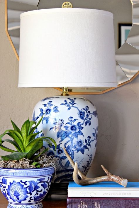 Dimples and Tangles: NEW SMALL PROJECTS & A MILLION SPARKLES Ginger Jars Decor, Blue And White Lamps, Blue And White Lamp, Jars Decor, White Lamps, Fancy Living Rooms, Blue And White Living Room, Asian Rice, White Lampshade