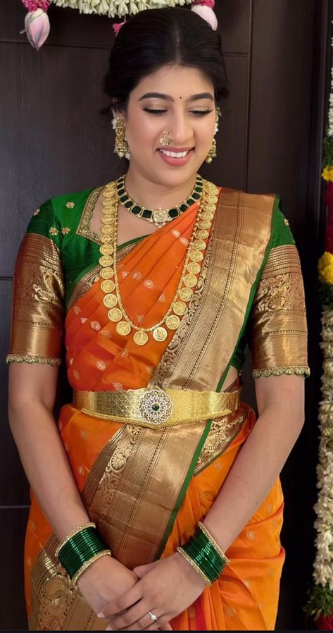 Telugu Wedding Guest Saree, Blouse Design For Seemantham, Orange Saree Look, Kanchi Pattu Saree Wedding, Orange Pattu Saree, Pattu Blouse Designs, Orange Silk Saree, Orange Sarees, Kasula Peru