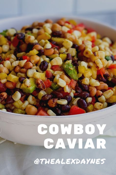 Cowboy Caviar is the best chip dip! It’s simple and easy to throw together and always feeds a hungry crowd! I make mine with black beans, black-eyed peas, chickpeas, corn, peppers, tomato, avocado, and a delicious simple sauce that brings it all together. Enjoy with your favorite tortilla chips! Make it with me! Chickpea Cowboy Caviar, Chickpeas Black Beans Corn, Corn Recipes Cob, Healthy Football Snacks, Best Chip Dip, Healthy Football, Chickpea Dip, Avocado Chips, Dip For Tortilla Chips