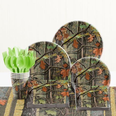 Each Hunting Camo Birthday Party Supplies Kit contains: 8 Hunting Camo Paper Plates, 8 Hunting Camo Dessert Plates, 16 Hunting Camo Napkins, 16 Hunting Camo Beverage Napkins, 1 Hunting Camo Table Cover, 8 Hunting Camo Cups and 24 Fresh Lime Green Assorted Cutlery. Ideal for your young one's big day, these party items make it easy for you to go the extra mile! Whether you're looking for plates, napkins, or a colorful tabletop display at the party, this kit has you covered.   Special Shipping Info Hunting Camo Party, Deer Hunting Birthday, Hunting Birthday Party, Camo Birthday Party, Camo Party, Camo Birthday, Hunting Birthday, Hunting Party, Hunting Camo