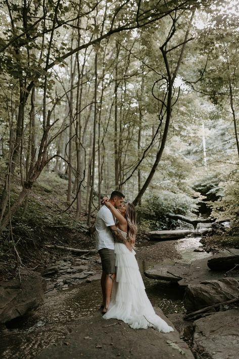 White Gown Engagement Photos, Engagement Photoshoot Greenery, Mystical Engagement Photos, Engagement Photos Outside Spring, Engagement Photos Outfits Woods, Whimsical Engagement Photoshoot, Engagement Pictures In The Woods, Swamp Engagement Photos, Engagement Photos In Creek