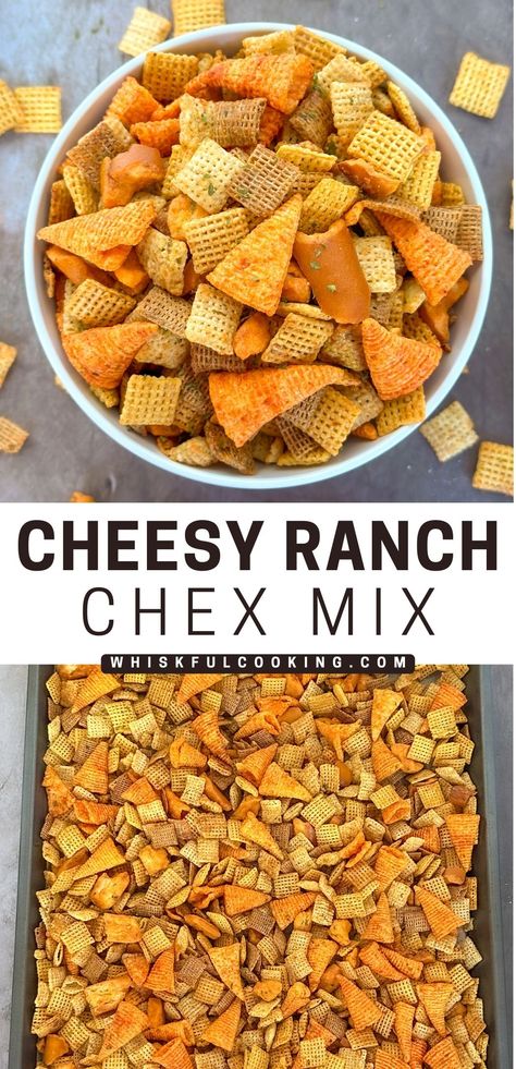 a bowl and baking pan of chex mix. Cheesy Ranch Chex Mix, Ranch Chex Mix Recipes, Chex Party Mix Recipe, Ranch Chex, Ranch Chex Mix, Party Mix Recipe, Chex Party Mix, Cheesy Ranch, Chex Cereal