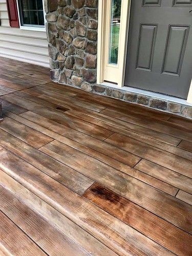 Wood Stamped Concrete, Concrete Wood Floor, Concrete Patio Makeover, Wood Porch, Concrete Patio Designs, Concrete Resurfacing, Porch Remodel, Concrete Stained Floors, Concrete Coatings