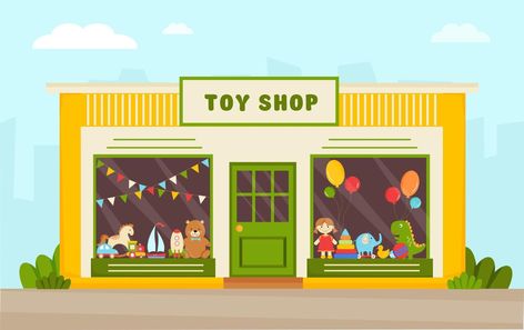 Toy Store Illustration, 8th Month, Store Facade, Shop Vector, Icon Style, Modern Toys, Style Reference, Interior Sketch, Cartoon Toys