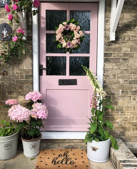 Cinder Rose Farrow And Ball, Veranda Ideas, Cottage Front Doors, Pink Front Door, Front Door Styles, Home Improvement Loans, Pink Door, Beautiful Cottages, Front Door Colors