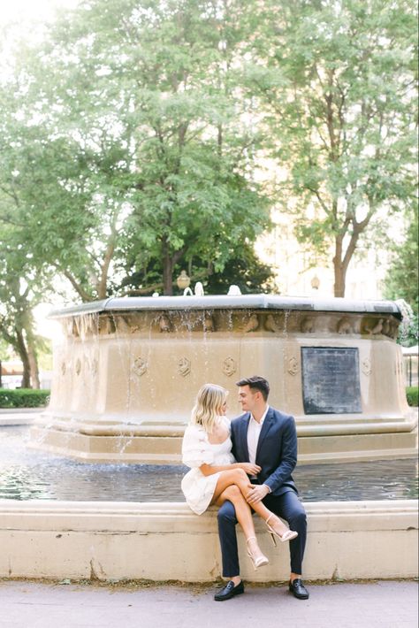 Engagement Photos Lift, Engagement Photos Outfits Vintage, Engagement Photos Steps, Formal Engagement Pictures, Stair Engagement Photos, Engagement Photos Fountain, Campus Engagement Photos, Engagement Photoshoot Garden, Belle Isle Engagement Photos