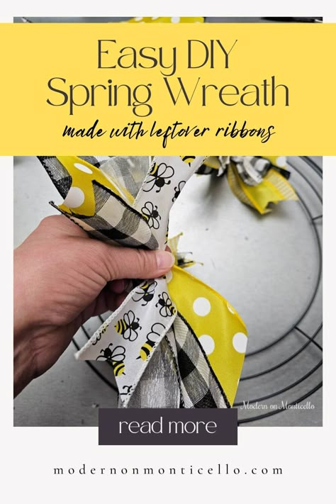 How Long To Cut Ribbon For Wreath, How To Ribbon Wreath, Welcome Wreath Ideas, Tied Ribbon Wreath, Spring Ribbon Wreath Diy, Ribbon Bundles For Wreath Diy, Diy Ribbon Wreaths For Front Door, Wreaths Made With Ribbon, How To Make A Ribbon Wreath Step By Step