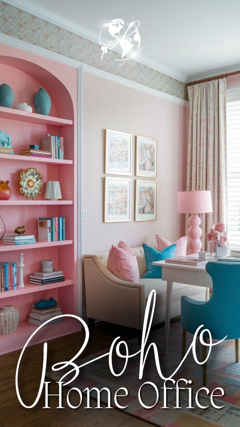 Create a workspace that dazzles with a colorful boho interior and romantic boho aesthetic. This boho home office marries vibrant hues with soft, romantic elements, including boho chic decor and a bohemian color palette. It’s a perfect environment for those who cherish a bright, inspiring space with a touch of whimsy. #bohohomeoffice #colorfulbohointerior #romanticbohoaesthetic #bohochicdecor #bohemiancolorpalette #dramatichomedecor #cuteboho #bohemianstyle #bohemianhomeoffice #aestheticdormdecor Pink And Teal Office, Pastel Home Office, Boho Office Space, Blush Pink Office, Scandi Boho Interior, Bohemian Home Office, Boho Home Office, Feminine Home Office Ideas, Bohemian Color Palette