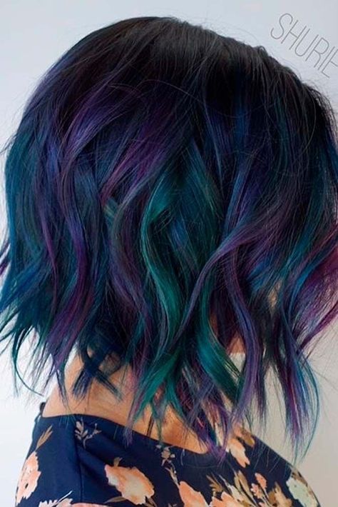 Short Hair Rainbow Color, Balayage For Short Hair, Peacock Hair Color, Peacock Hair, Luxurious Hair, Dimensional Color, Fun Hair, Short Wavy Hair, Haircut And Color