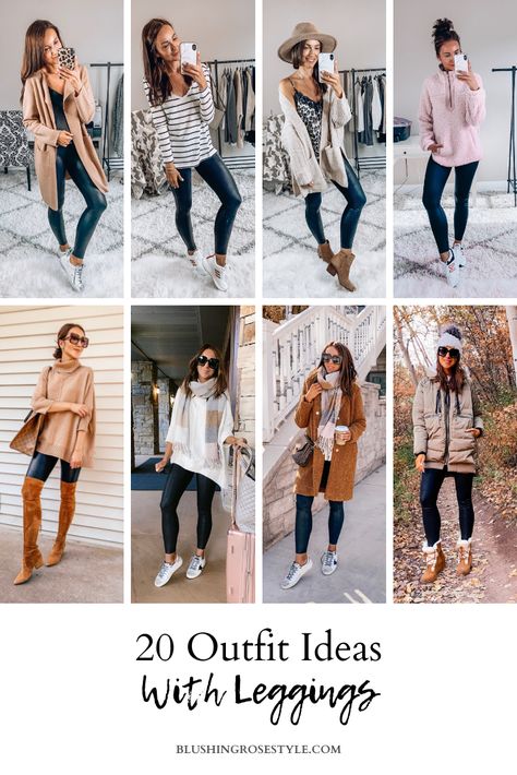 20 ways to style leggings by Blushing Rose Style Blog Outfit Ideas With Leggings, Ways To Style Leggings, Leggings Outfit Ideas, Coated Leggings, Style Leggings, Otk Boots, Leggings Outfit, Shoes For Leggings, Boost Productivity