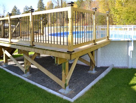 Building A Deck Around Above Ground Pool, 8x12 Deck Plans, Decking Boards Ideas, Above Ground Pool Deck Plans, Bush Cabin, Wood Pool Deck, Deck Footings, Decks Around Pools, Inground Pool Landscaping