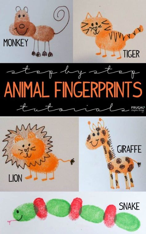 Make your own Zoo Animals Fingerprint Art with these step by step directions. Lions, Tigers, Snakes, Monkeys, and Giraffe step by step thumbprint art tutorials. #FrugalCouponLiving #fingerprintart #zooanimals #animals #animalfingerprintart #fingerprintcrafts #zoofringerprintcrafts #zoofingerprintart #fingerprints #inkart #handprintcrafts #handprintart #craftsforkids Thumbprint Art, Fingerprint Crafts, Fingerprint Art, Kid Friendly Crafts, Animal Crafts For Kids, Finger Print, Handprint Crafts, Handprint Art, Finger Painting