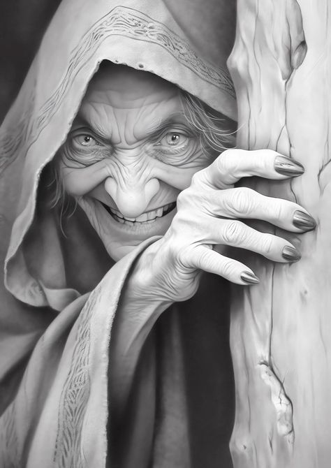 Drawing Ideas Scary, Halloween Drawing Ideas, Dark Designs, Baba Jaga, Witch Drawing, Evil Tattoos, Creepy Vintage, Scary Witch, Grayscale Coloring Books