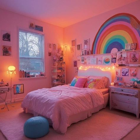 Rainbow Aesthetic Room Decor Idea #rainbowaesthetic #rainbowdecor #rainbowroom #rainbowaesthetics #rainbowbedroom #aestheticroom #aestheticdecor Rainbow Aesthetic Room, Room Decor Rainbow, Rainbow Bedroom, Rainbow Room, Rainbow Aesthetic, Cute Rainbow, Rainbow Decorations, Aesthetic Rooms, March 25