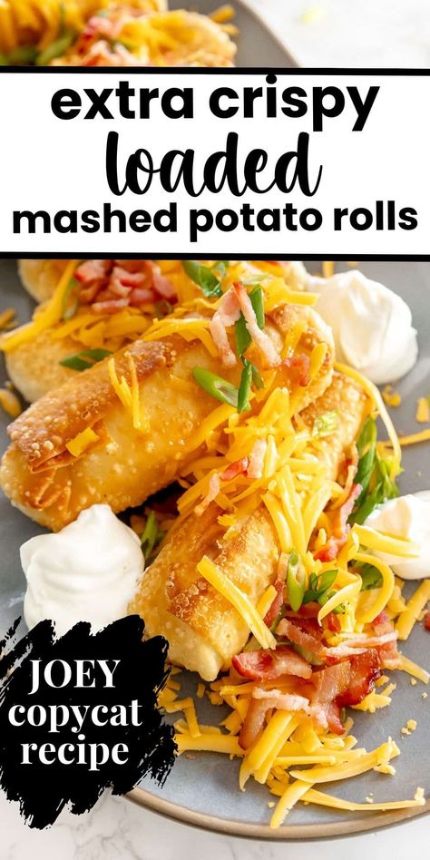 Elevate your mashed potato game with these loaded mashed potato spring rolls! This Joey restaurant copycat recipe takes the creamy mashed potatoes we know and love, and gives them a crispy twist with all your favorite toppings. This recipe is the ultimate use for leftovers, too! Mashed Potato Egg Rolls, Mashed Potato Rolls Recipe, Mashed Potatoes From Scratch, Potato Rolls Recipe, Creole Chicken, Alabama White Sauce, Spring Roll Wrappers, Loaded Mashed Potatoes, Egg Roll Wrappers