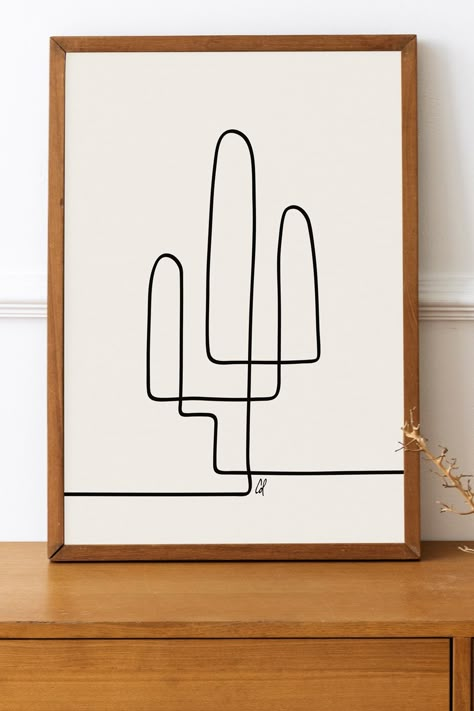 Marfa Inspired Decor, Desert Modern Art, Diy Cactus Wall Art, Line Art Cactus, Desert Gallery Wall, Desert Design Ideas, Desert Decorating Ideas, Desert Aesthetic Decor Bedroom, Minimalist Desert Home