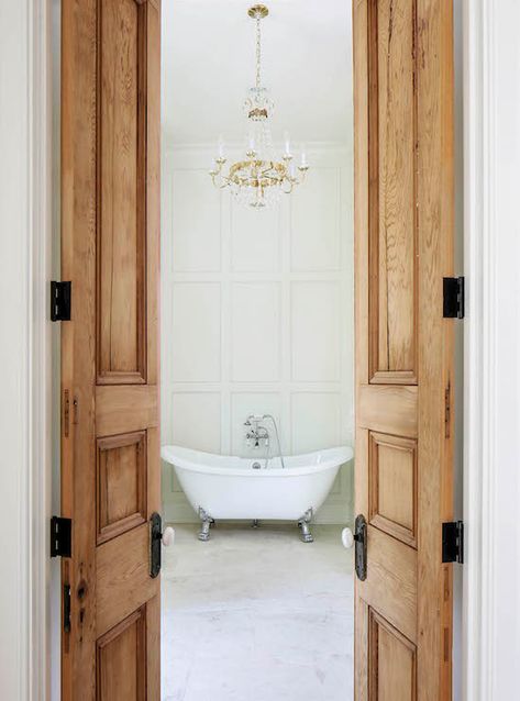 Cypress Doors - French - Bathroom - Telich Custom Homes Narrow French Doors, French Bathroom, Traditional Bathroom Designs, Interior Design Per La Casa, Neutral Interiors, Open Door, White French, French Doors Interior, Bathroom Doors