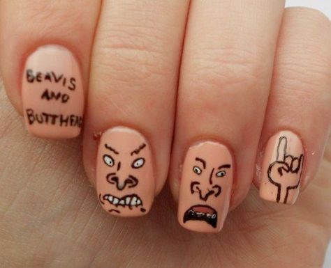 Beavis/Butthead Nails Beavis And Butthead Nails, Beavis Y Butthead, Nails Cartoon, Punk Nails, Nail Stuff, Pretty Gel Nails, Funky Nails, Cool Nail Designs, Green Day