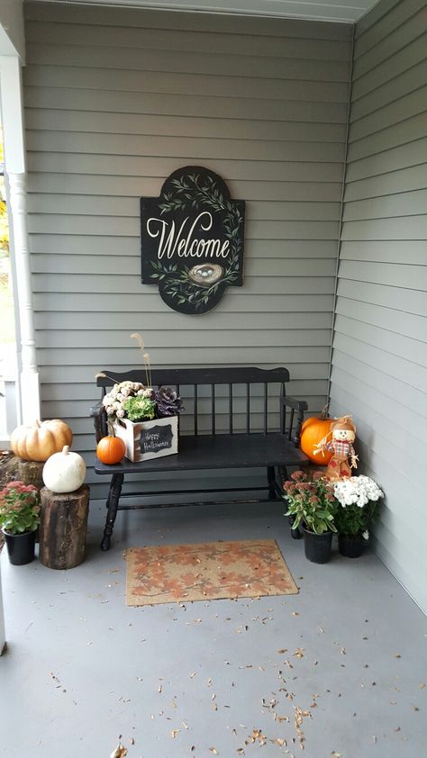 Fall front porch and bench Black Bench Front Porch, Bench Front Porch, Deacons Bench, Front Porch Bench, Rocking Bench, Porch Bench, Black Bench, Coastal Dining, Metal Bench