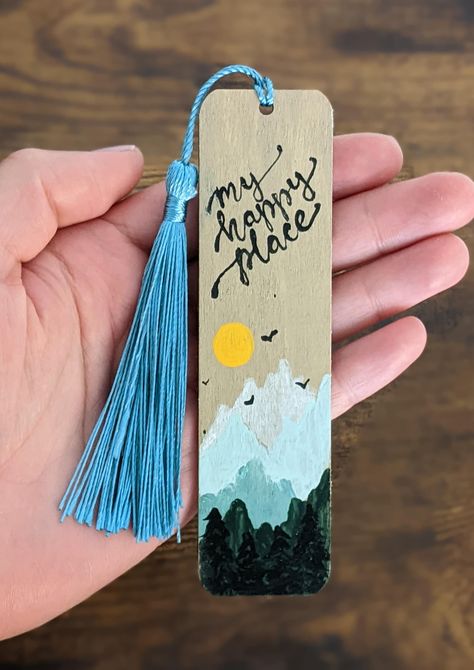 Happy Place Quotes, Homemade Bookmarks, Handmade Bookmarks Diy, Reading Accessories, Bookmark Craft, Watercolor On Wood, Mothers Day Crafts For Kids, Diy Bookmarks, Nature Painting