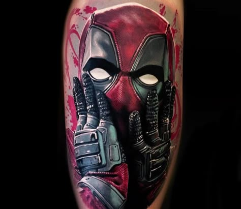 Tattoo photo - Deadpool tattoo by Peter Hlavacka Deadpool Tattoo Design, Deadpool Tattoo Ideas, Movie Character Tattoos, Marvel Sleeve, Deadpool Tattoo, Middle Finger Tattoos, Dc Tattoo, Trash Polka Tattoo Designs, Trash Polka Tattoos