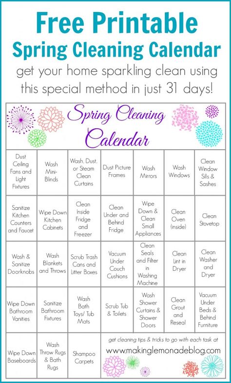 Free Printable Spring Cleaning Calendar-- one task a day gets your spring cleaning done in just 31 days! Check out the full post at www.makinglemonadeblog.com for tips and tricks on getting the most from this FREE printable! #springcleaning #printable #cleaning Spring Cleaning Calendar, Spring Cleaning Schedules, Cleaning Calendar, Making Lemonade, Cleaning Printable, Spring Cleaning Checklist, Spring Cleaning Hacks, Cleaning Checklist, 31 Days