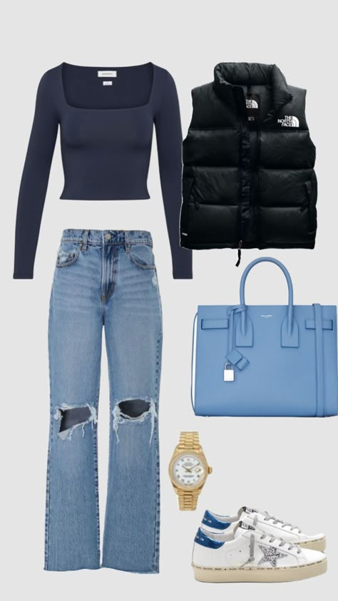 Blue Handbag, Outfit Top, Blouse Jeans, Cute Preppy Outfits, Jeans Jacket, Simple Trendy Outfits, The Outfit, Cute Everyday Outfits, Cute Simple Outfits