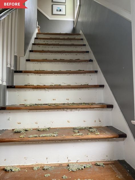 Staircase Refresh for $30 | Apartment Therapy Painted Stair Risers, Staircase Wallpaper, Wallpaper Staircase, Wallpaper Stairs, Hallway Wallpaper, Staircase Makeover, Painted Stairs, Home Stairs Design, Stair Risers