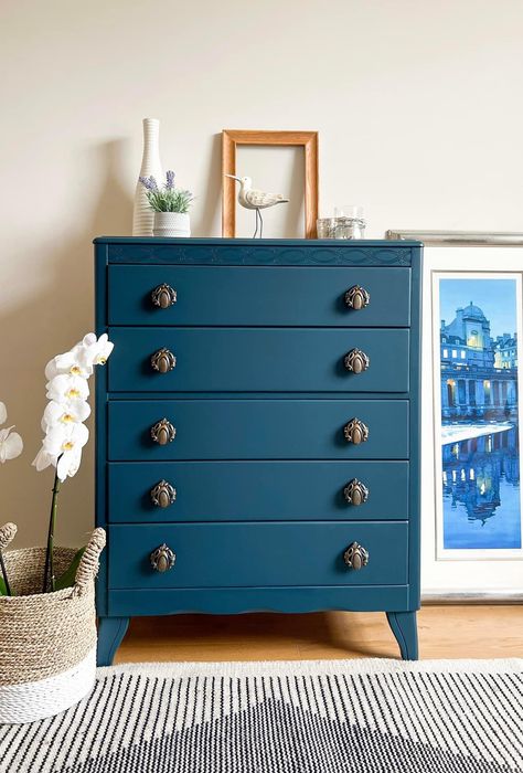 Upcycle Drawers, Parker Furniture, Blue Chest Of Drawers, Wooden Chest Of Drawers, Blue Dresser, Painted Chest, White Chests, After Midnight, Dresser Makeover