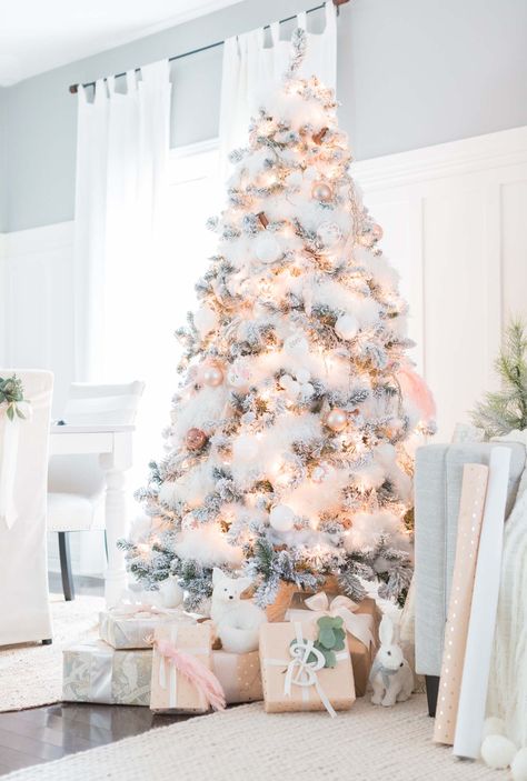 #holidaydecor #holidays #christmastree #ChristmasDecor #christmas #onekindesign Rose Gold Christmas Decorations, Christmas Eyeshadow, Tree Inspiration, Rose Gold Christmas, Tree Themes, A White Christmas, Gold Christmas Decorations, Fun Christmas Decorations, White Christmas Trees