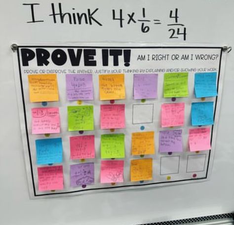 Prove It post-it poster Enrichment Activities For Elementary Math, Sixth Grade Math Classroom, 3rd Grade Math Classroom Setup Ideas, 4th Grade Math And Science Classroom, Math Focus Wall 5th Grade, Math Bulletin Boards 5th Grade, 5th Grade Math Classroom Decor, Fifth Grade Math Classroom, 3rd Grade Classroom Setup Math