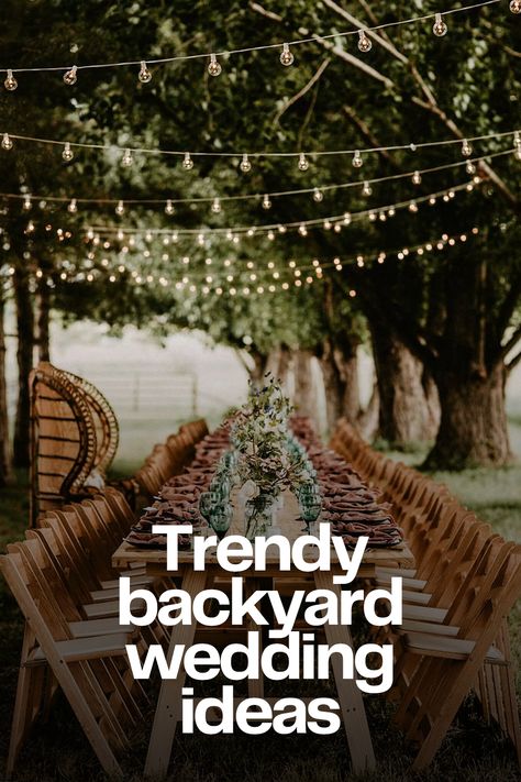 Outdoor Reception String Lights, April Outdoor Wedding Ideas, Elegant Backyard Wedding Ceremony, Gorgeous Backyard Wedding, Backyard Wedding Theme Ideas, Backyard Wedding Layout Ceremony And Reception, Casual Backyard Wedding Reception Ideas, Classy Outdoor Wedding Reception, Wedding Inspo Backyard